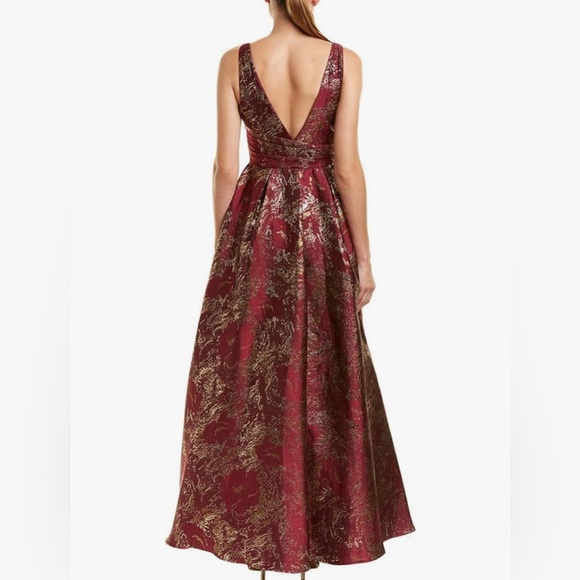 Carmen Marc Valvo Metallic Brocade Cross Front Ballgown with Pockets, Cran/Gold - Picture 2 of 7